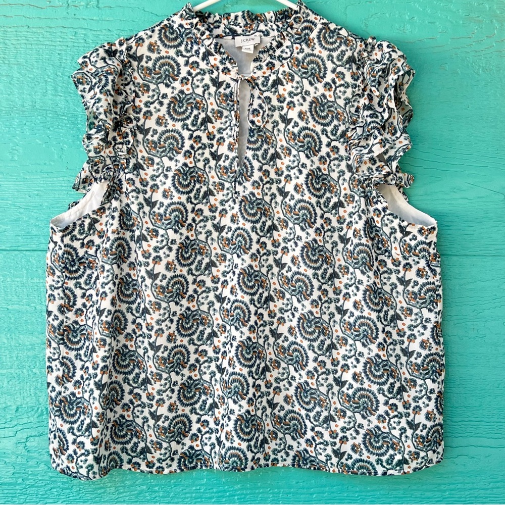 J.Crew Floral Ruffle Sleeve Blouse SIZE XXL Boho Cottagecore Keyhole Neck Top